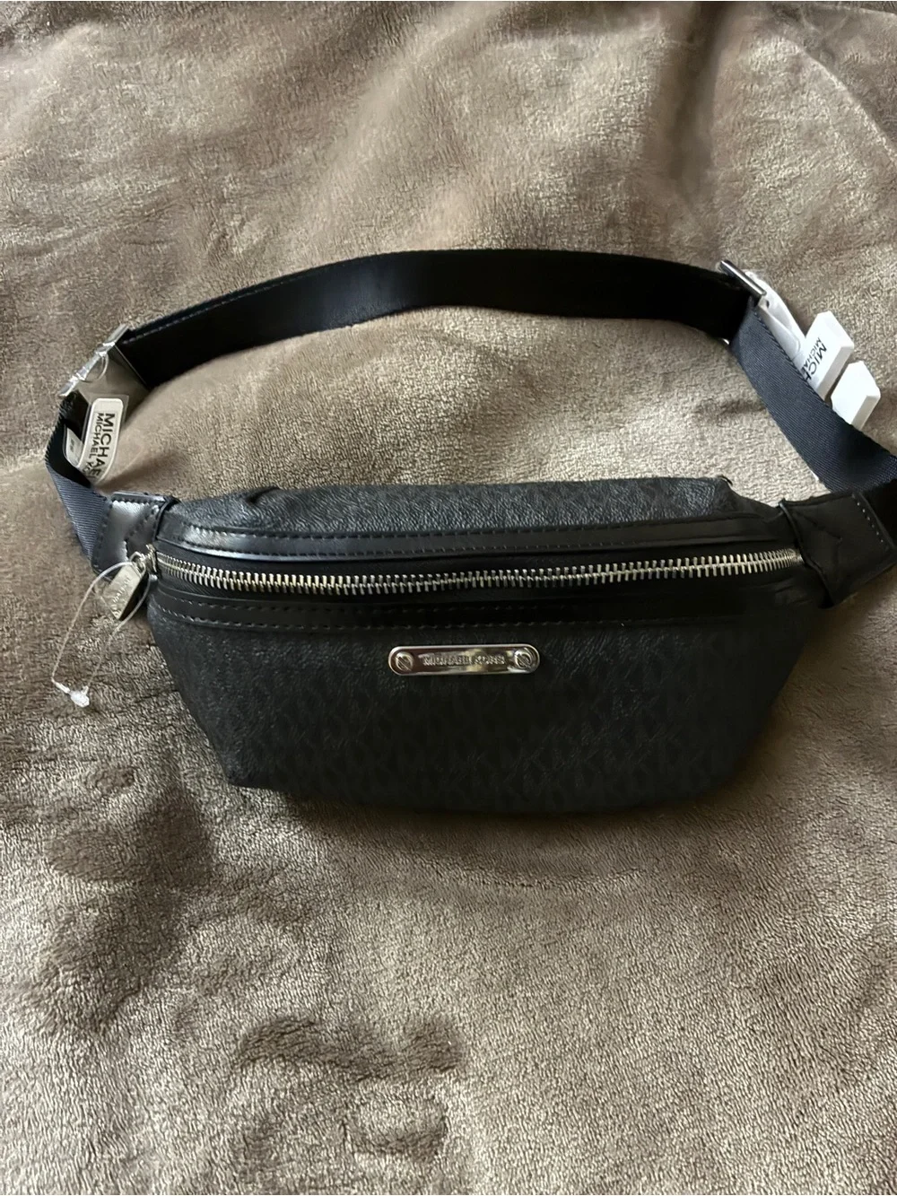Michael Kors Black Logo Crossbody Belt Bag with Silver Hardware